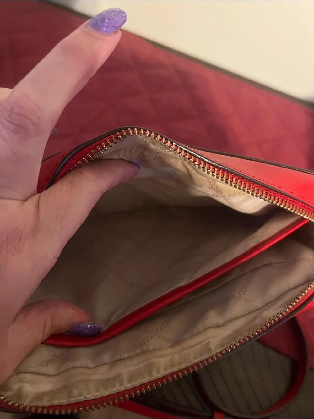 Michael Kors Brown Signature Crossbody with Red and Black Stripe
